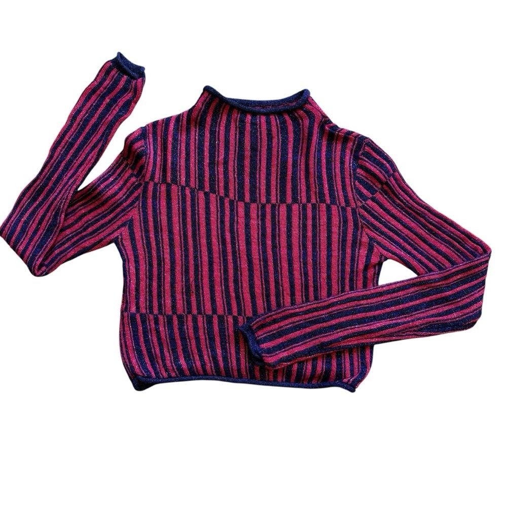 Urban Outfitters Sweater Womens S Pink Navy Shimmer Stripe Mock Neck Cropped